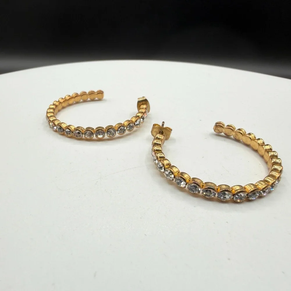 Gold Tone Rhinestone Hoop Earrings Clear Crystal Statement Glamour Gift for Her